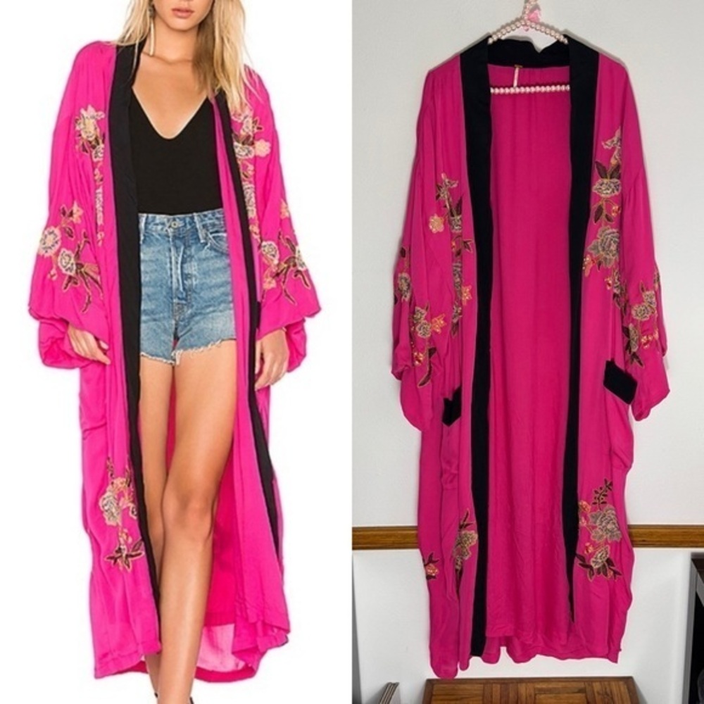 Free People hot pink embroidered floral long kimono size XS/S